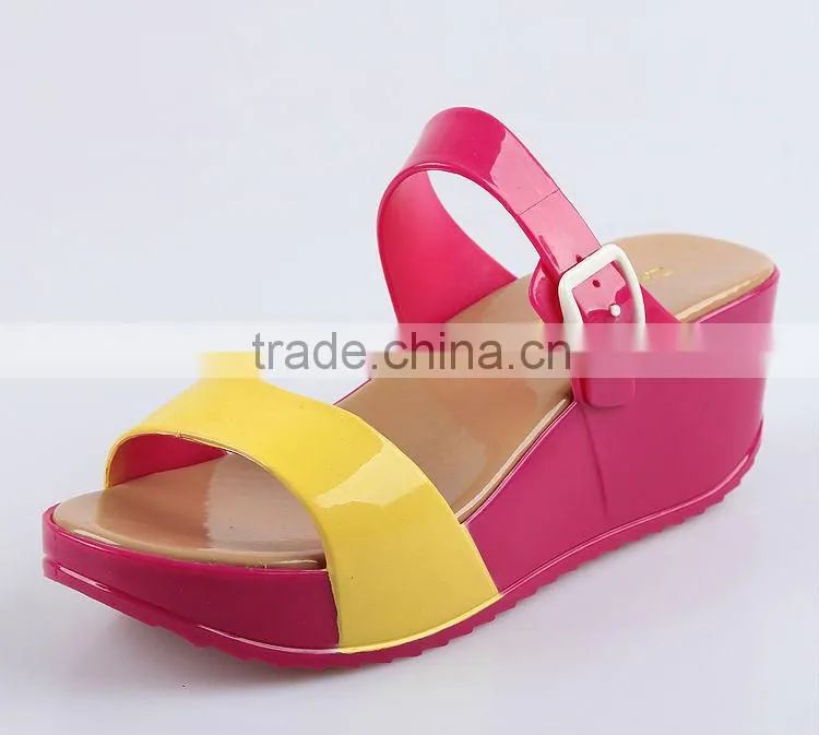 2015 Color Blocking Jelly Slippers Ladies Fashion Wedges Jelly Shoes