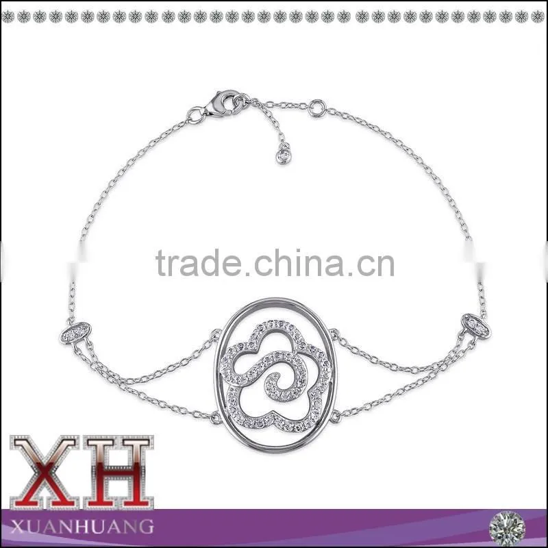 Rose Flower Solid 925 Sterling Silver CZ Bracelet
