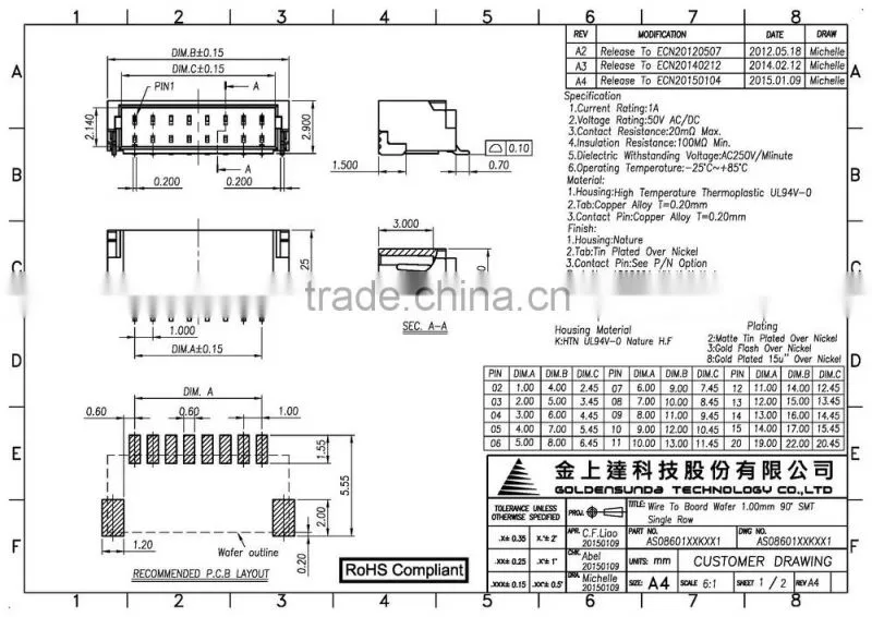 Pitch 1.0 mm Wafer Connector, SMT Right Angle Type, 2 ~ 15, 20 Pin Connector Wire to Board
