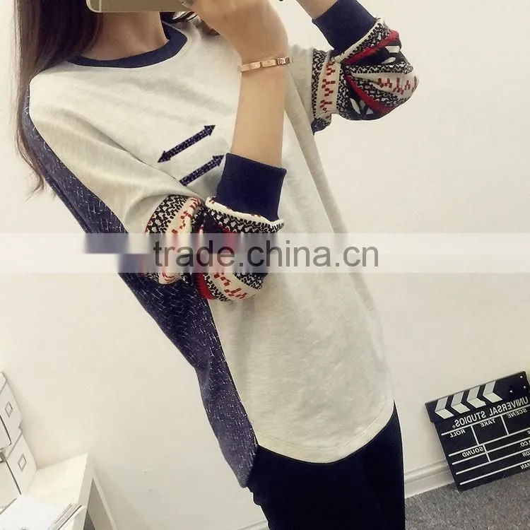 2016 Korea Fashion New Women's Long Sleeve tShirt Loose Patchwork Cotton Tops Lady Casual Blouse