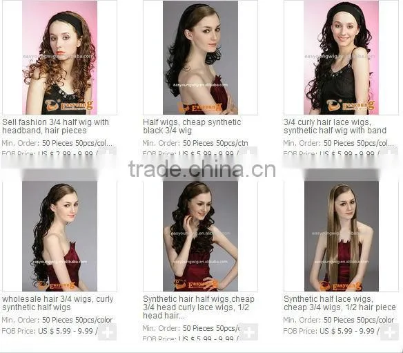 Heat resistant fiber hair 3/4 wigs, natural half head wig hair pieces