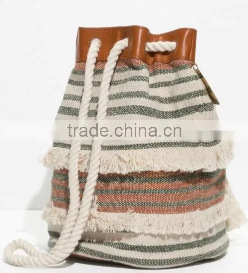 Hand-fringed vintage canvas drawstring backpack(CAS15-044)