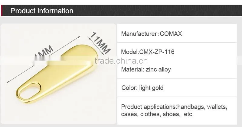 Custom Zinc Metal Flat Zip Puller and Slider With Plating Gold For Bag
