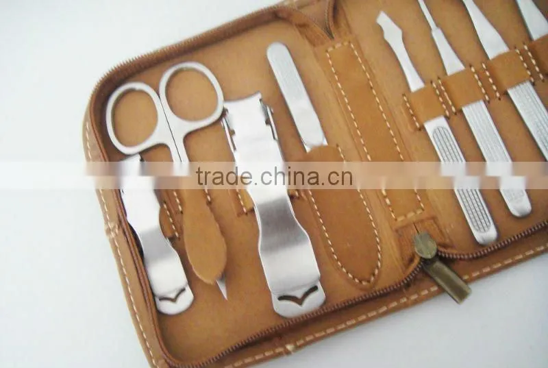 Hot! High end khaki leather case 9PCS stainless steel manicure set