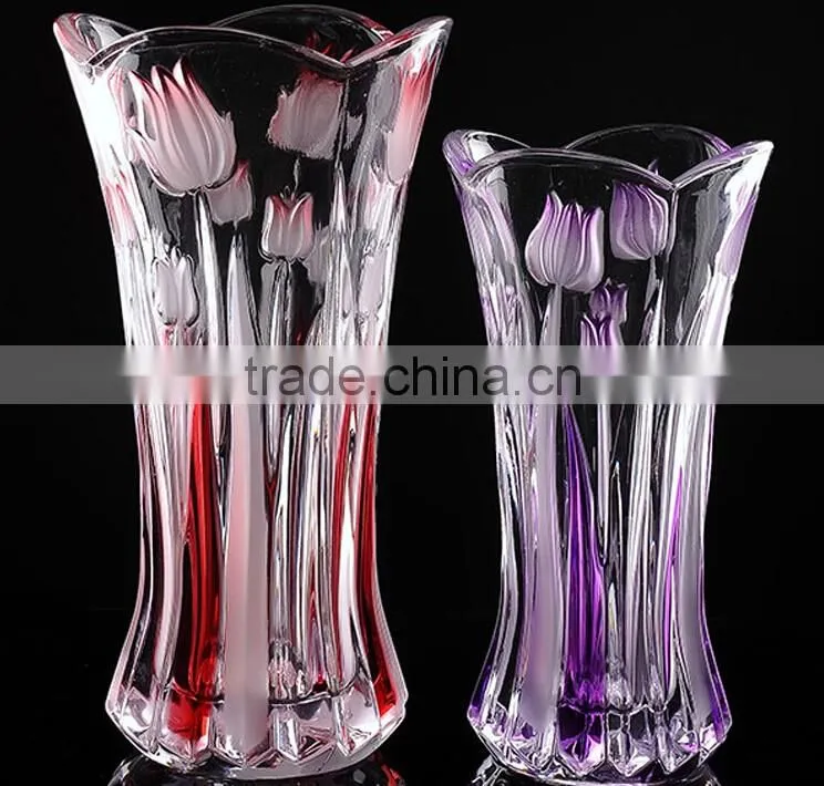 Beautiful elegant glass vase with flower embossed, glass jardiniere ,glass bottle
