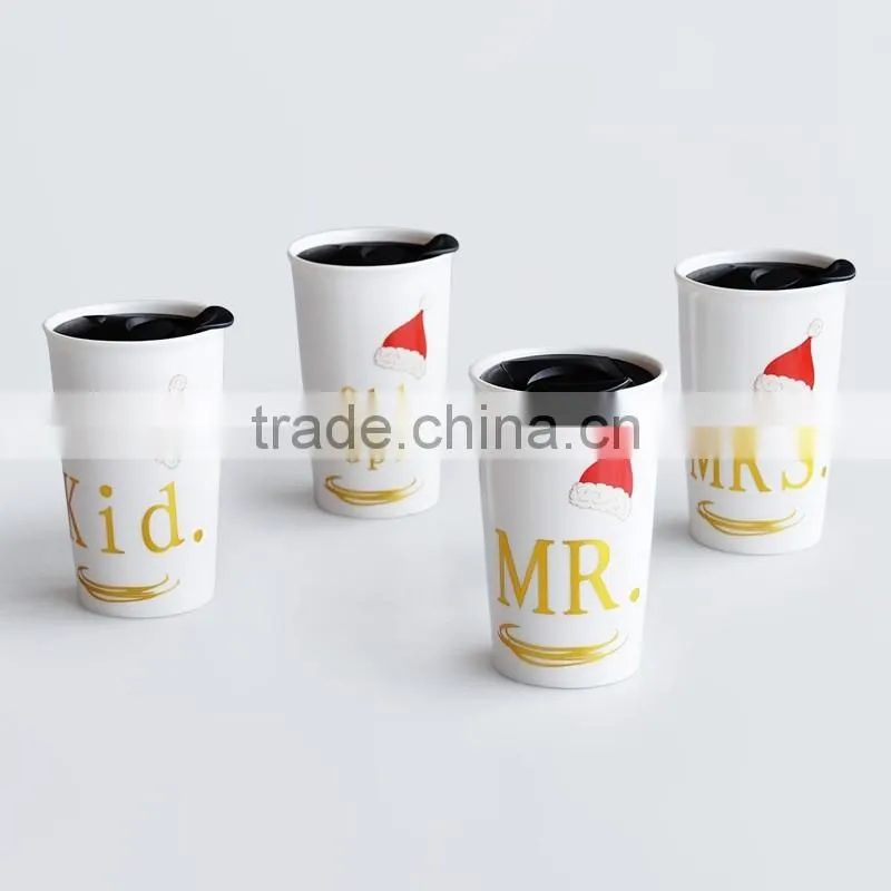 double wall mug with lid,ceramic double wall travel mug with gold decal,ceramic travel mug with lid and printing
