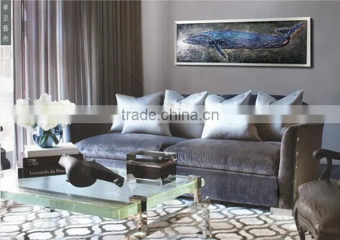 Framed handmade seascape oil painting lacuqer blue whale for home decoration