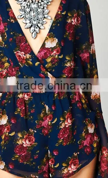 cheap 2015 sexy ladies Long bell sleeve Deep V neck print floral plus size loose short chiffon playsuit romper jumpsuit
