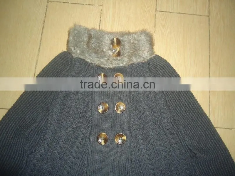 2016 winter fur collar cable knitted baby sweater ponchos