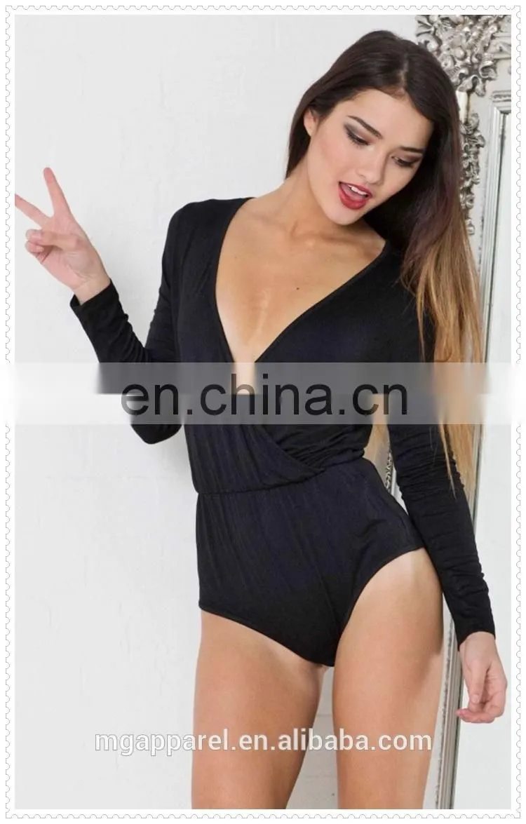 wholesale cheap price sexy V neck cut long sleeves black women tight bodysuit