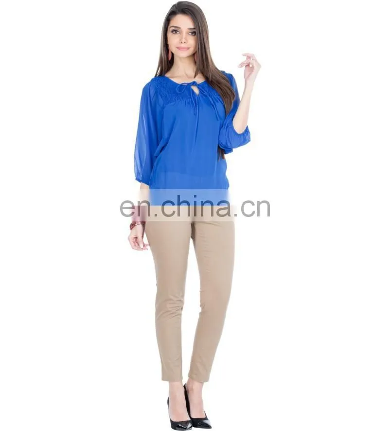 2015 Blue Top With Smocking And Tie-up women blue floral print tie-up top