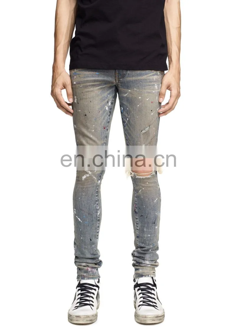 DiZNEW Indigo Dirty Damaged Paint Splash Denim Jeans For Men