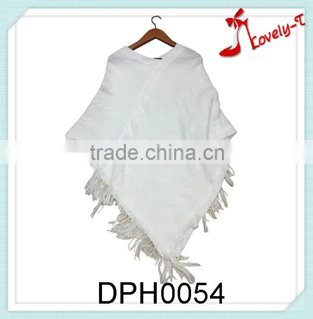 Women new fashion white flower embroidery acryclic crochet knit pullover poncho sweater with tassels