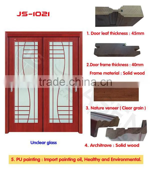 interior glass double swing entry door design with cherry solid wood