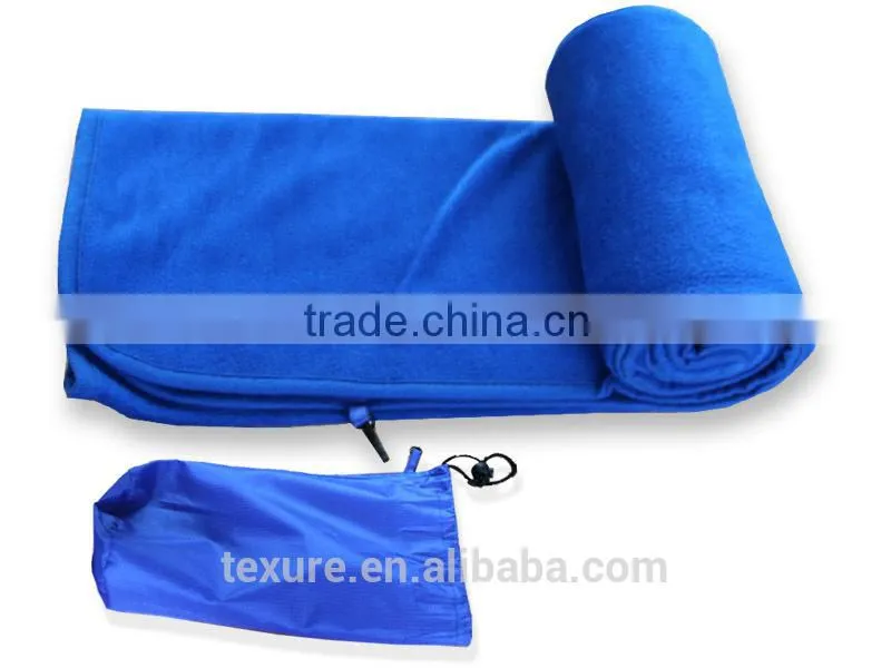 Royal blue lightweight polyester polar fleece airline travel home blanket with pouch