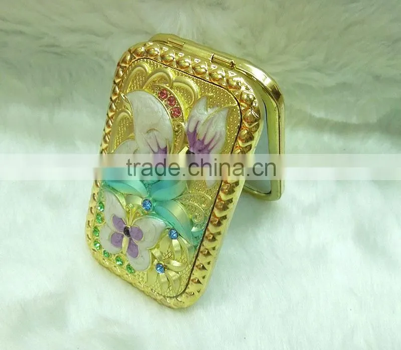 Gold butterfly pocket mirror with rhinestone