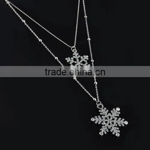 Cheap Crystal Rhinestone Double Snowflake Pendant Silver Necklace Women Xmas Gift
