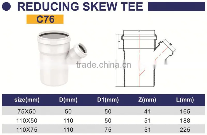 HIGH QUANLITY REDUCING SKEW TEE WITH SOCKET OF PVC GB STANDARD EXPANDING FITTINGS FOR DRAINAGE WITH GASKET