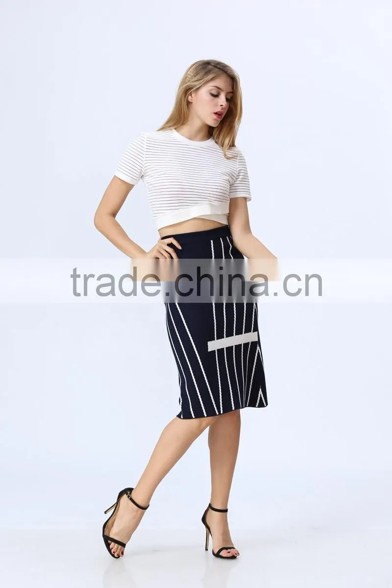 2016 New arrival white & black stripe knited Crop and Skirt Co-ord Set