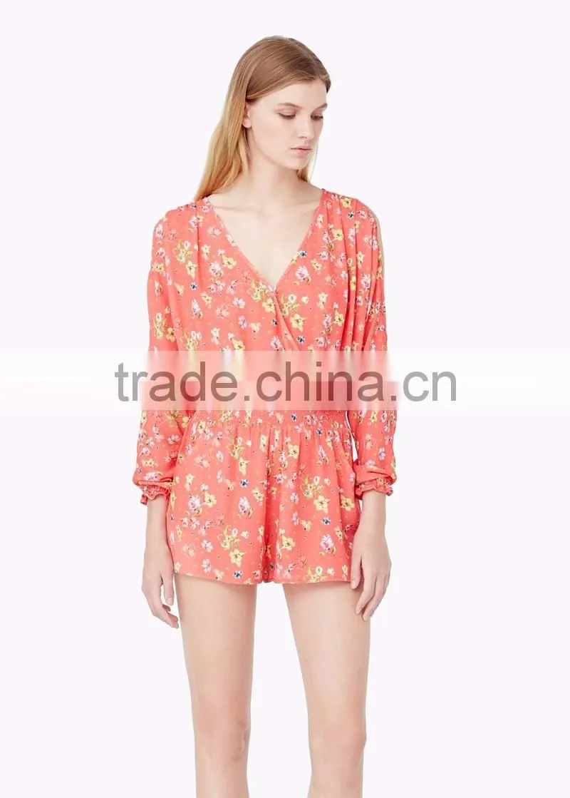 fashion shoulder design ladies v neck custom printing one piece jumpsuit for women