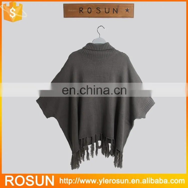 Ladies Trendy Crochet Fringe Poncho In Grey