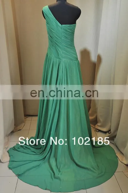 Watch!!! Real Photo!!! A-line Floor Length One Shoulder Chiffon Lime Green Evening Dress DE212