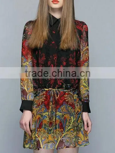 Fashion Designer dress Beautiful Long Sleeve Silk print Dress (stock)