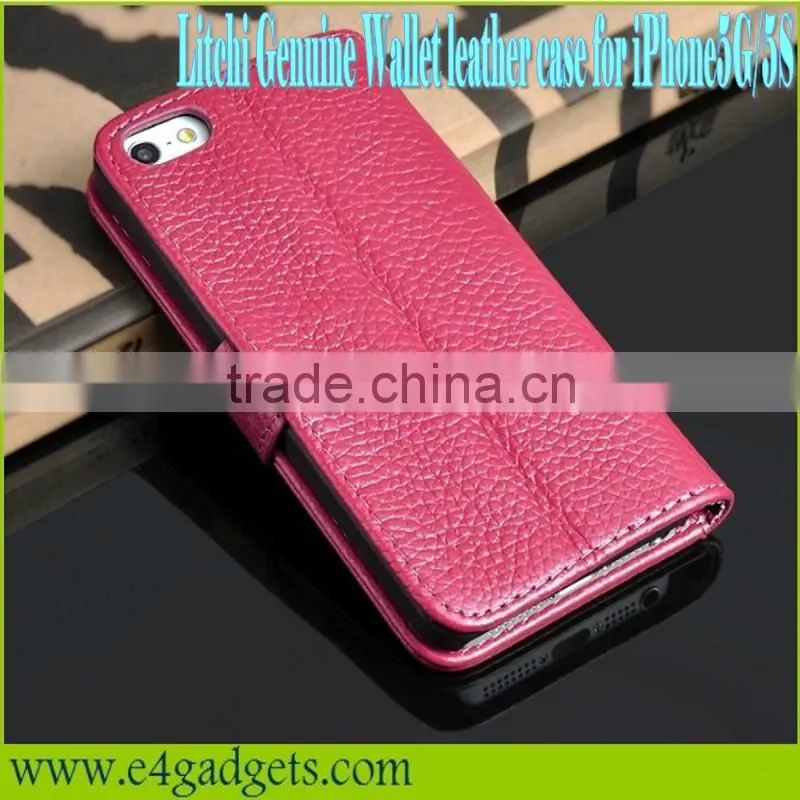 Luxury business style Litchi Vein cowhide leather case hot selling wallet case for iphone 5