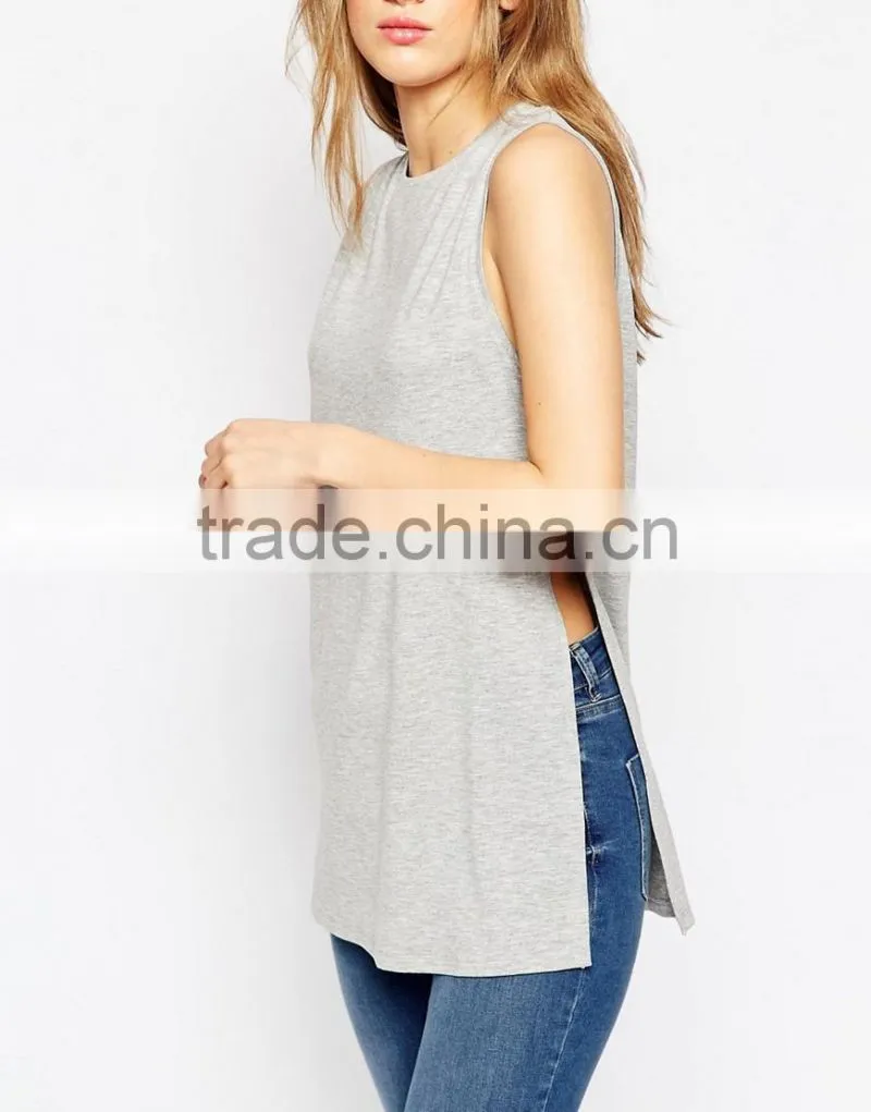 Wholesale women apparel longline top with side split sleeveless blouse patterns