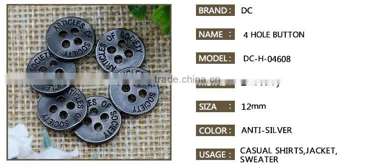 Gunmetal Sew Button 4 Hole Metal Button for Jeans Shirt
