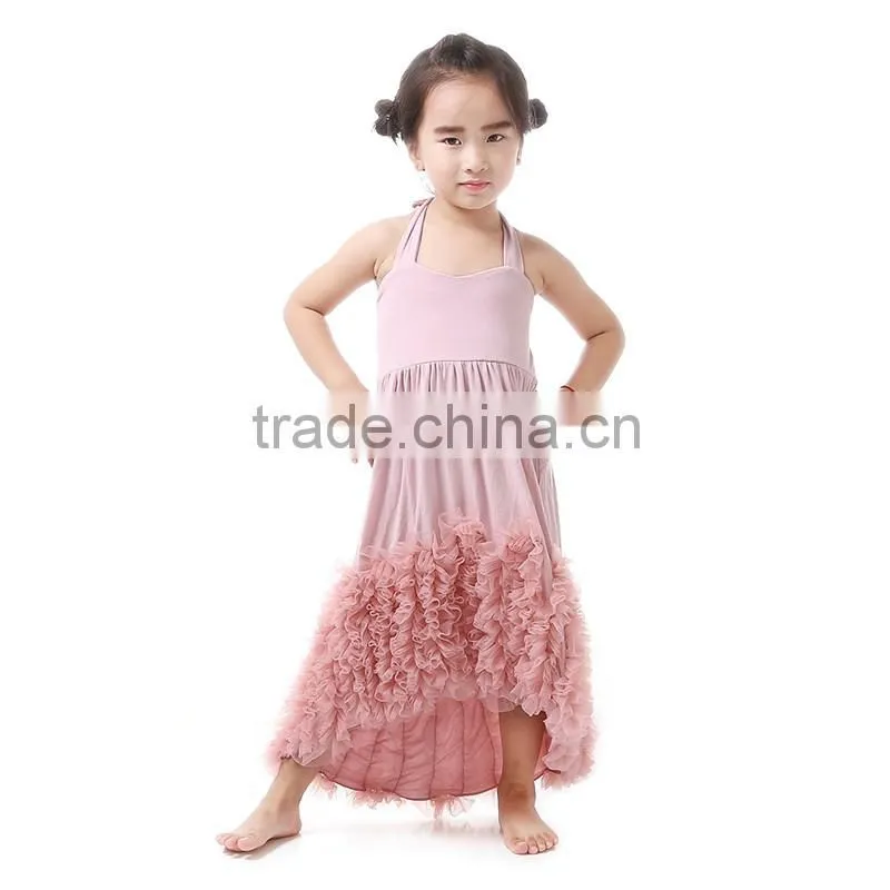 Hot sale elegant dust pink with chiffon ruffles on the bottom children maxi girl dress