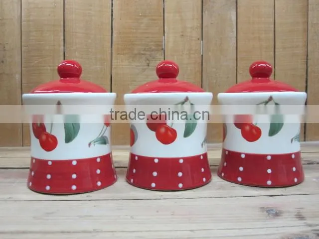 Cherry Decal Ceramic Tea Coffee Sugar Containers Set