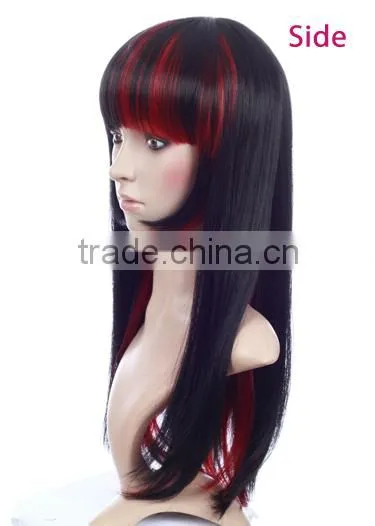 Cheap high heat resistant mix color red synthetic long cosplay wig with bangs