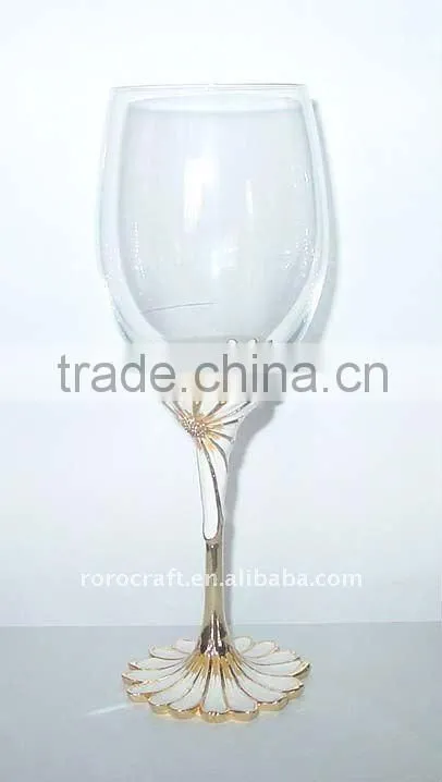 pewter base and stem with enamel color crystal wine glass