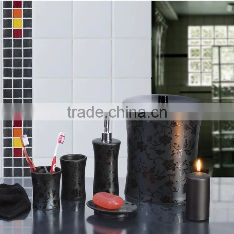 Resin black bathroom sets 7pcs, trash can, toothbrush rack, soap dish, candle holder,
