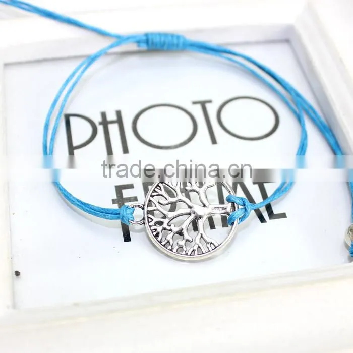 antique silver hollow tree of life charm bracelet customized charm wax cord bracelet cheap personalzied bracelet for promotion