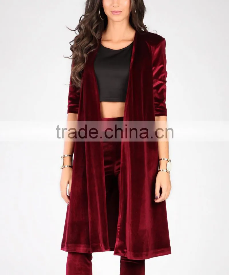 Cardigan Sweater Wholesale Luxurious Knee Length Fashion New Style Oversized Big Size Wine Velvet Open Cardigan