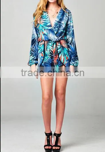 2014 Long loose sleeve print pattern casual wrap ruffle romper jumpsuit for American street women