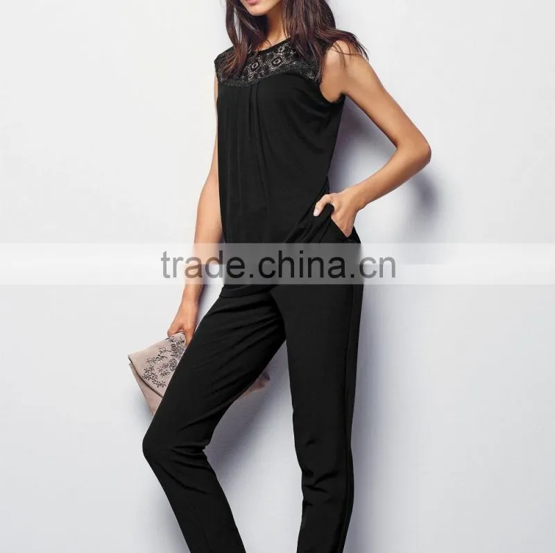 2016 Fashion Jersey Sleeveless Top With Beautiful Lace Yoke HST8033