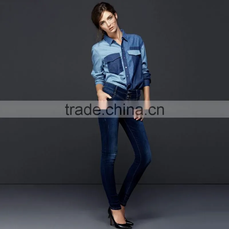 hot sale women denim shirt with pocket and block fashion design hot sale