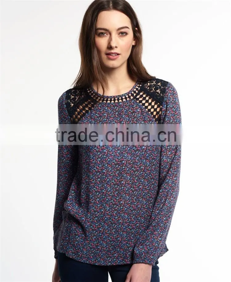 2017 Guangdong Shandao Manufacturer High Fashion Women Autumn Printed Long Sleeve Round Neck Chiffon Designer Casual Tops