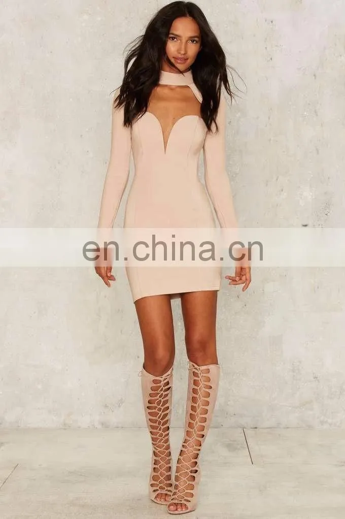 Deep V neck women sexy bodycon party dress with back zipper