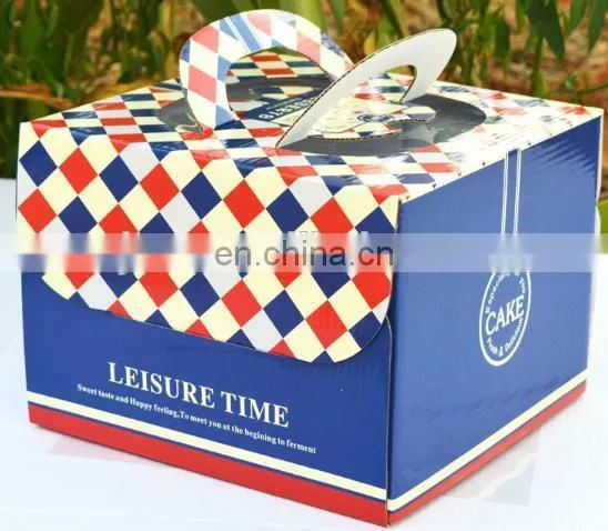 Folding corrugated board navy color paper 8 inch cake box with handle