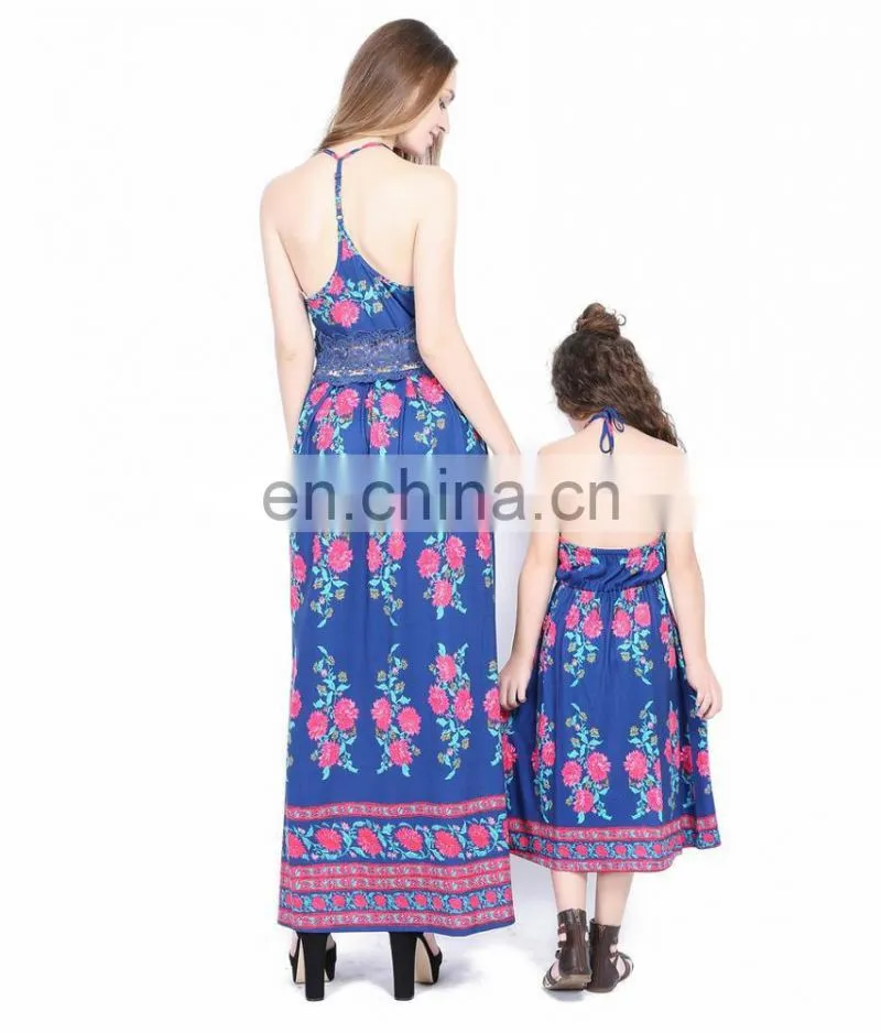 Fashion design mommy and me outfits blue floral printed mother daughter matching dress