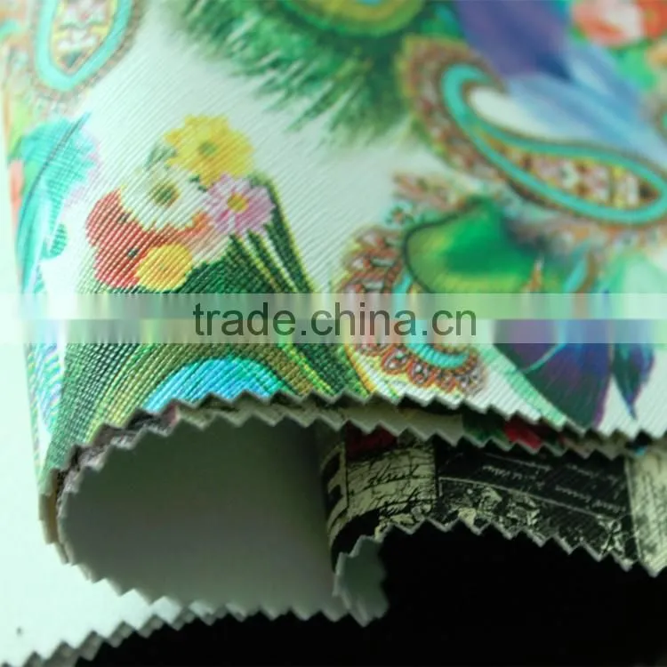 Peacock printed pattern cross embossing pvc artificial leather for bags notebook covers Guangzhou leather manufacturer