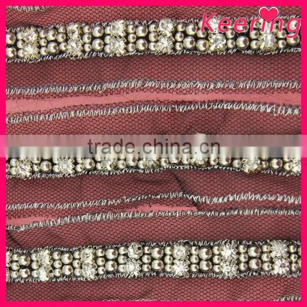 Decoration gunmetal color beaded lace trim for garment WTP-1204