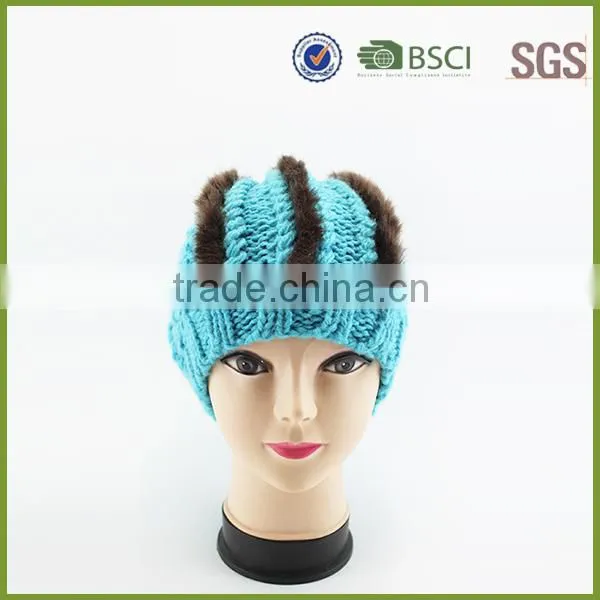 Blue Color Custom Knitted Pom Beanie Hat with Fur