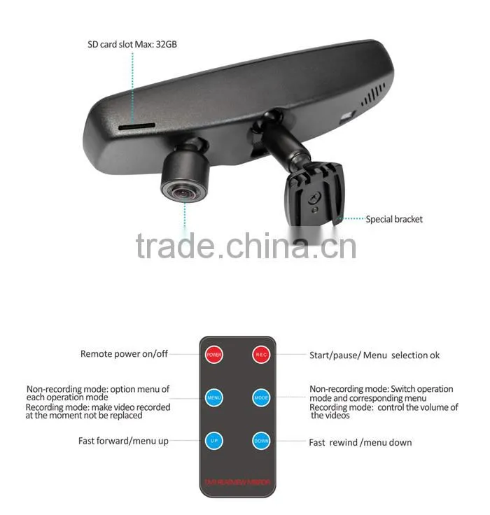 4.3 inch car rear view mirror monitor and HD 1080p Camera DVR with 2 AV-in