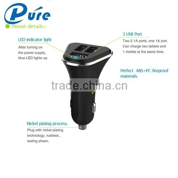 CE FCC RoHS output DC 5.2A high quality 3 usb car charger with blue LED indication, intelligent chip