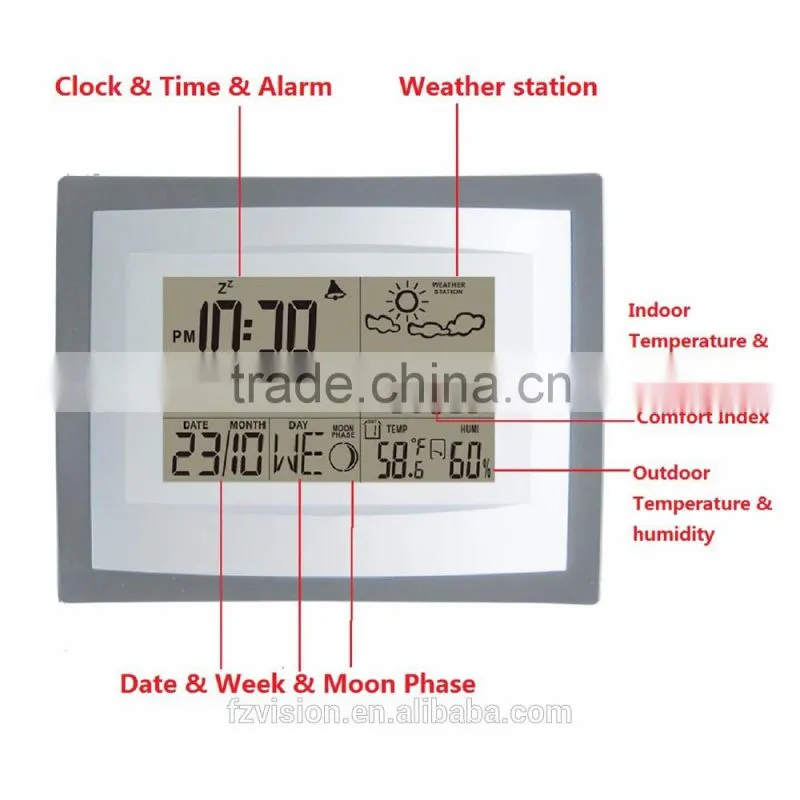 Best selling Weather Station with Digital Alarm Clock Indoor/Outdoor Thermometer Hygrometer 3 Transmitter